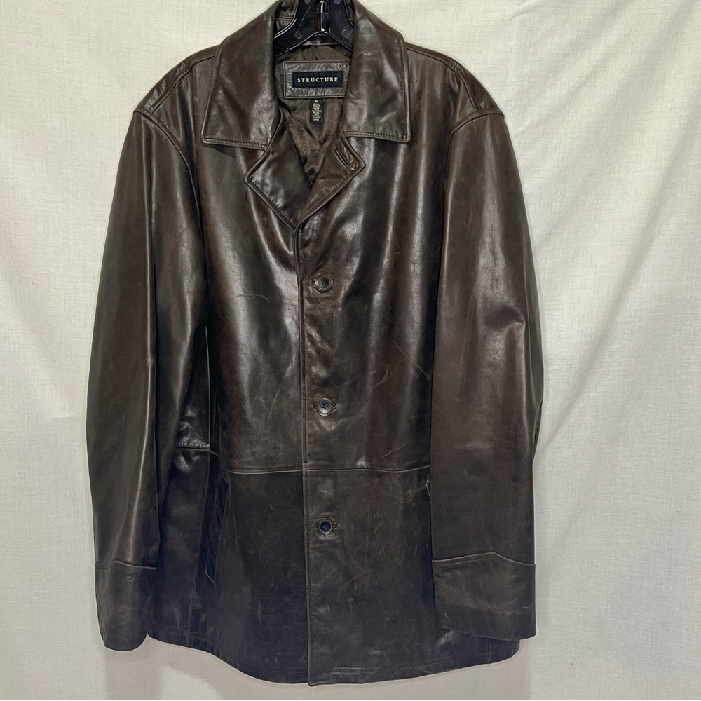 Structure, Men's Dark Brown Genuine Leather Trench Coat, Size Medium